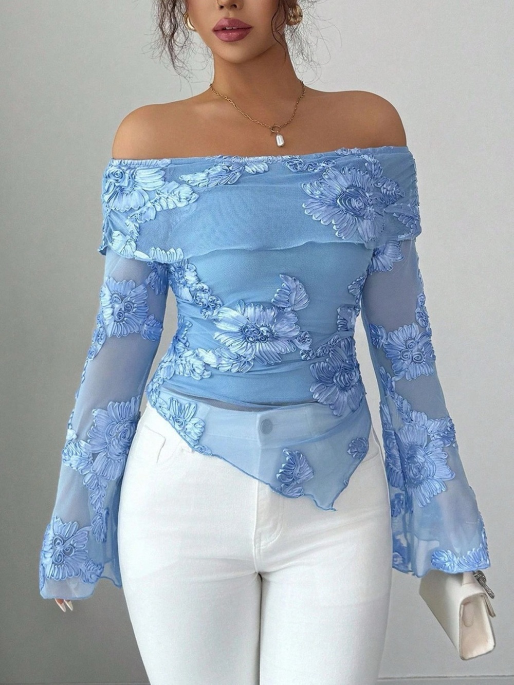 Floral Off-Shoulder Mesh Blouse